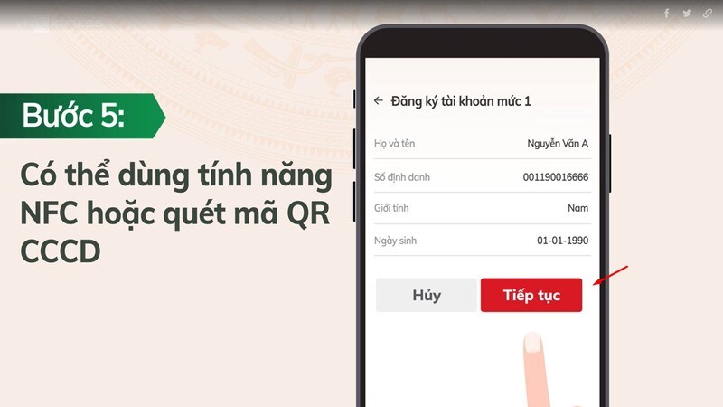 Bạn quét mã QR CCCD để hiện thông tin của mình. Sau đó ấn tiếp tục